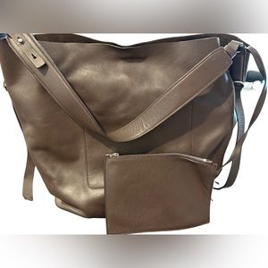 All Saints Leather Tote Dark Brown with attached zippered Pouch